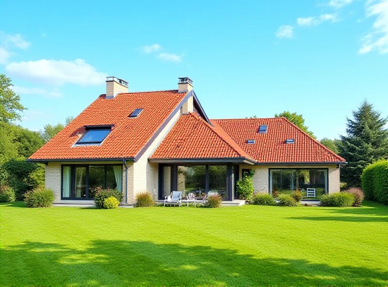 A modern house in a Belgian city with a red tile roof and a well-manicured lawn under a bright blue sky.