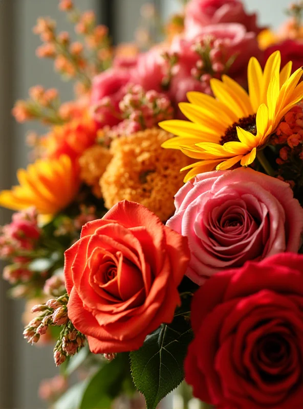 A vibrant and colorful flower arrangement featuring a mix of roses, lilies, and sunflowers, set against a soft, blurred background.