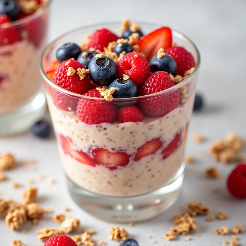 A cup of overnight oats with fresh berries and granola on top.