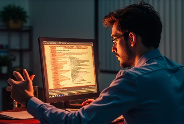 A person looking suspiciously at a laptop screen with a warning message about a potential phishing attempt