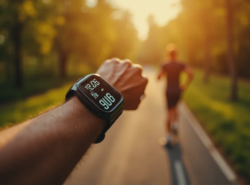 A person wearing a Fitbit smartwatch while running outdoors, showcasing its fitness tracking capabilities.