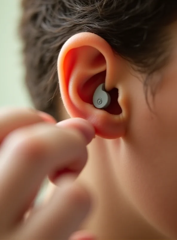 Close-up shot of a person inserting an OTC hearing aid into their ear.