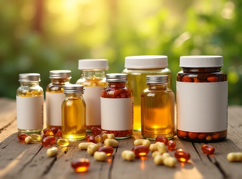 An assortment of vitamin supplements displayed on a wooden table.