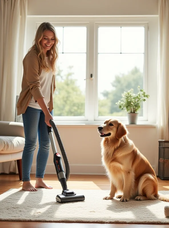 Woman happily vacuuming her living room with a cordless pet vacuum, dog sitting nearby.