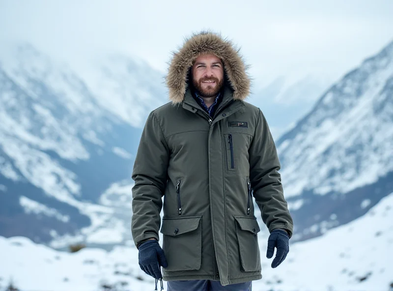 Man wearing a stylish and warm mountaineering parka in a snowy mountain setting.