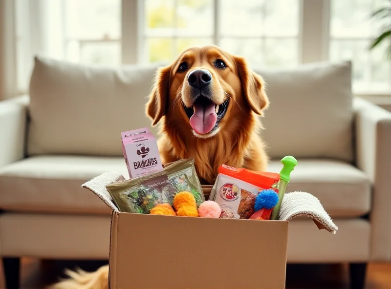 A happy golden retriever opening a BarkBox subscription box filled with toys and treats.