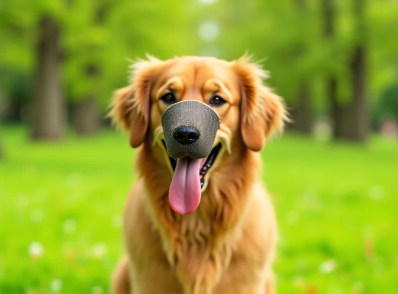 A golden retriever wearing a basket muzzle in a park, looking happy and relaxed.