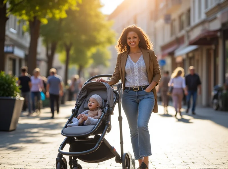 Parent pushing a modern stroller on a city sidewalk.