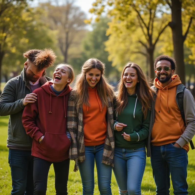 A diverse group of friends wearing different styles of hoodies, laughing and having fun outdoors.