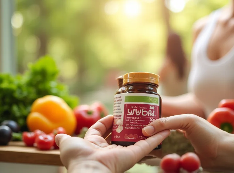 A person holding a bottle of liver supplement with a healthy lifestyle scene in the background.