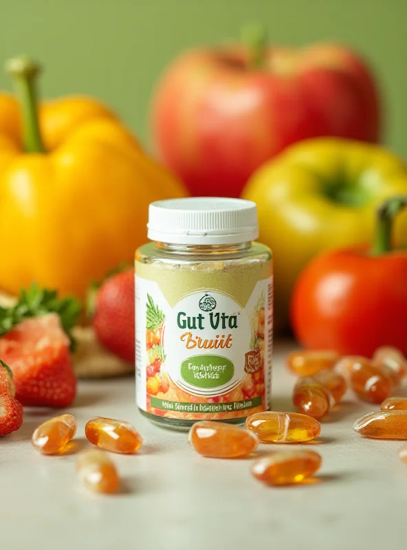 Close-up shot of Gut Vita capsules with colorful fruits and vegetables in the background, representing a healthy diet.