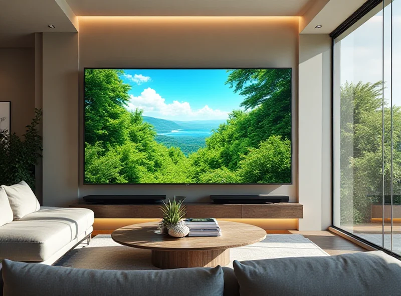 A living room with a large Sony OLED TV mounted on the wall. The TV is displaying a vibrant nature scene, with lush greenery and clear blue skies.