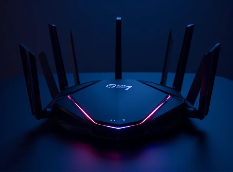 A sleek, futuristic-looking Wi-Fi 7 gaming router with multiple antennas and glowing LED accents, suggesting high-performance connectivity.