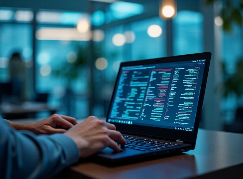 A Lenovo ThinkPad laptop in a modern office setting, showcasing its sleek design and a user working on a complex spreadsheet or coding project.