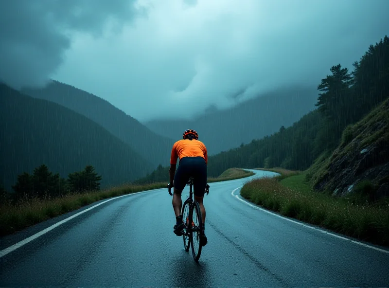 A cyclist looking dejected, riding alone on a mountain road, heavy rain, dark clouds