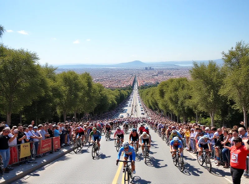 Panoramic view of Barcelona, Spain with the Montjuïc hill in the background, sunny day, cycling race in progress.