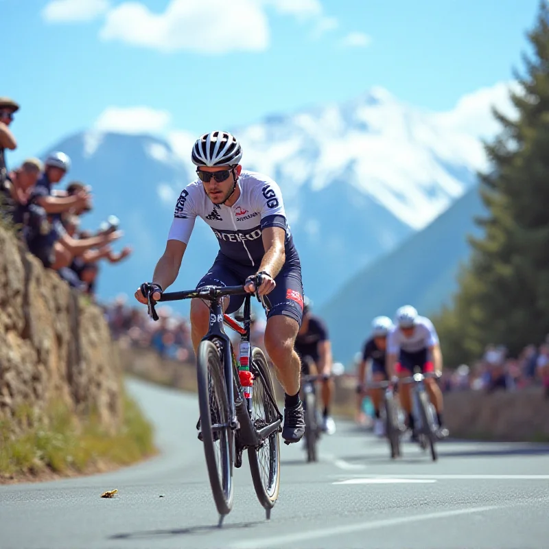 Tom Pidcock riding uphill during a stage of the Tour de France, Alpe d'Huez in the background, crowd cheering, focused expression.