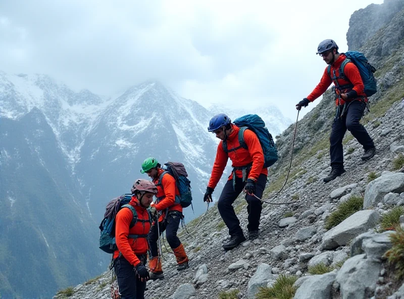 Mountain rescue team assisting a hiker on a rocky slope