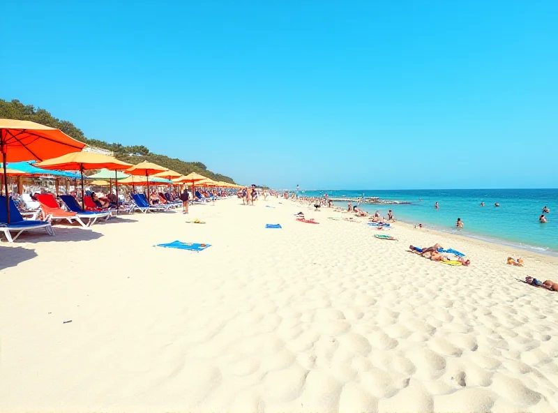 Crowded beach in the Balearic Islands with tourists and umbrellas