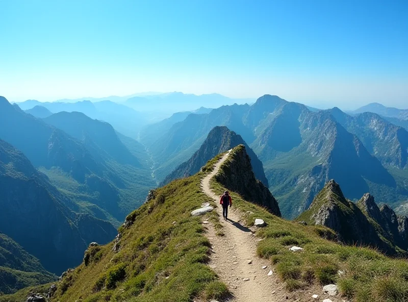 Panoramic view of a mountain range with hikers in the distance