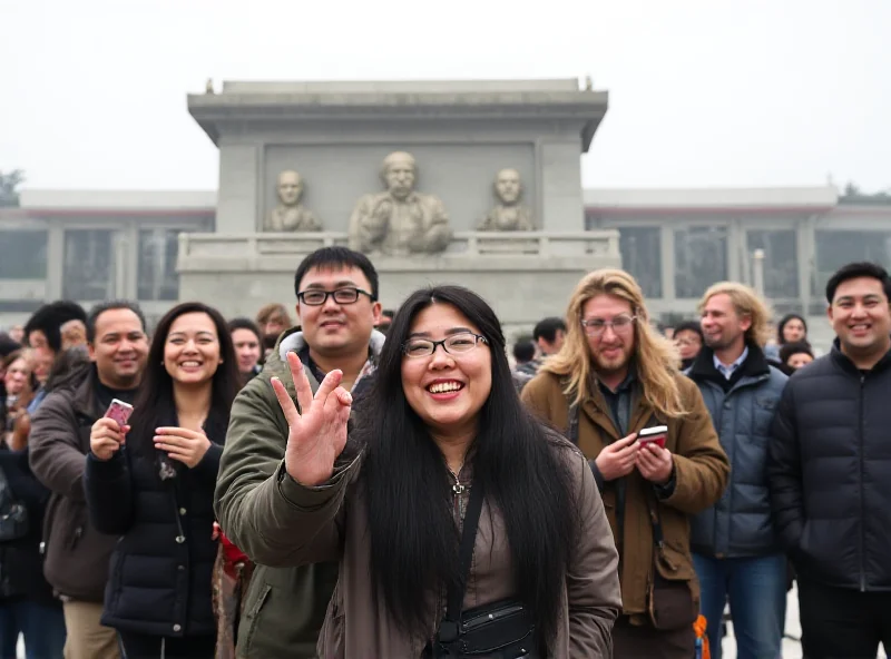 Western tourists visiting a monument in Pyongyang, North Korea.