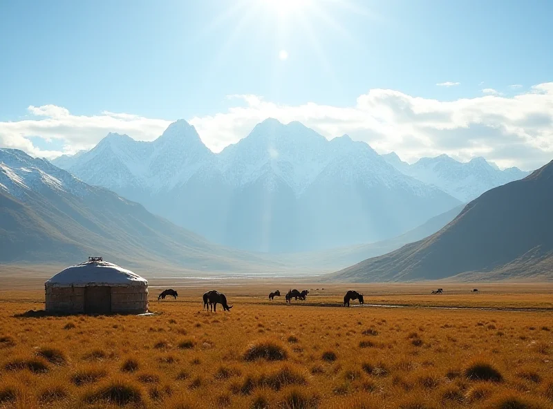 Scenic mountain landscape in Kyrgyzstan with yurts in the foreground.