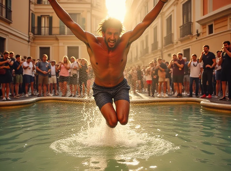 Tourist jumping into the Trevi Fountain