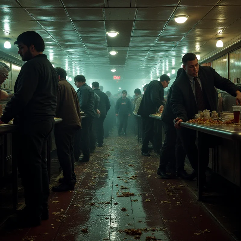 Passengers holding onto tables in a cruise ship canteen during a storm