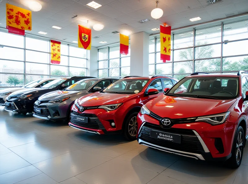 A variety of Toyota passenger cars parked in a dealership in Spain