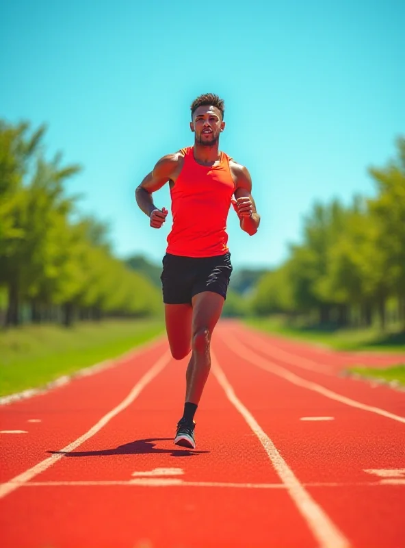 A person running on a red running track on a sunny day.