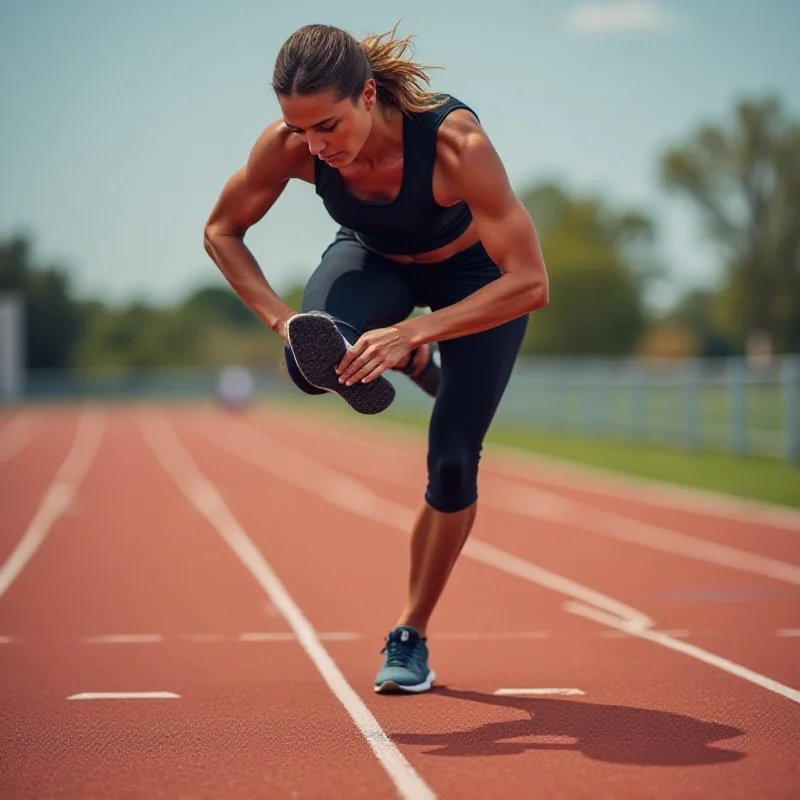 A runner stretching their leg on a running track.