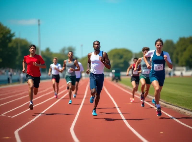 An overhead view of several runners on a track.