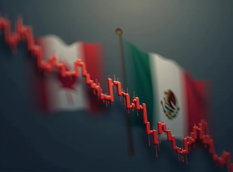 An illustration depicting a downward trending stock market graph with Canadian and Mexican flags in the background.