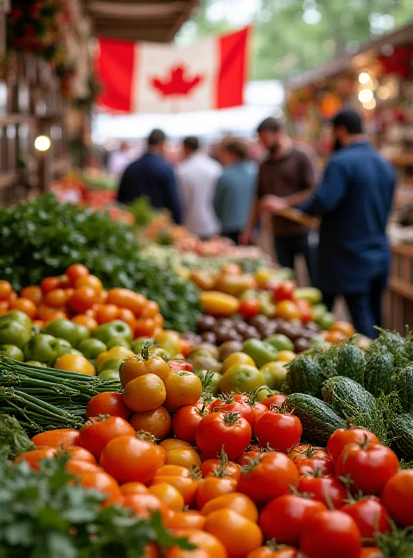 A bustling farmers market scene in Canada, showcasing a variety of fresh produce and local crafts. The Canadian flag is subtly visible in the background.