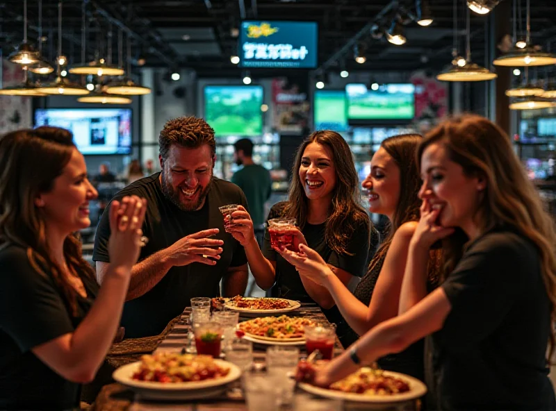 A modern TopGolf entertainment venue, showcasing people playing golf while enjoying food and drinks in a vibrant atmosphere.