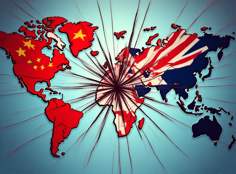 Illustration of a trade war with flags of China, USA, Canada and Mexico clashing over a world map.