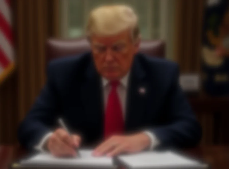 Image of Donald Trump signing a document with a stern expression.