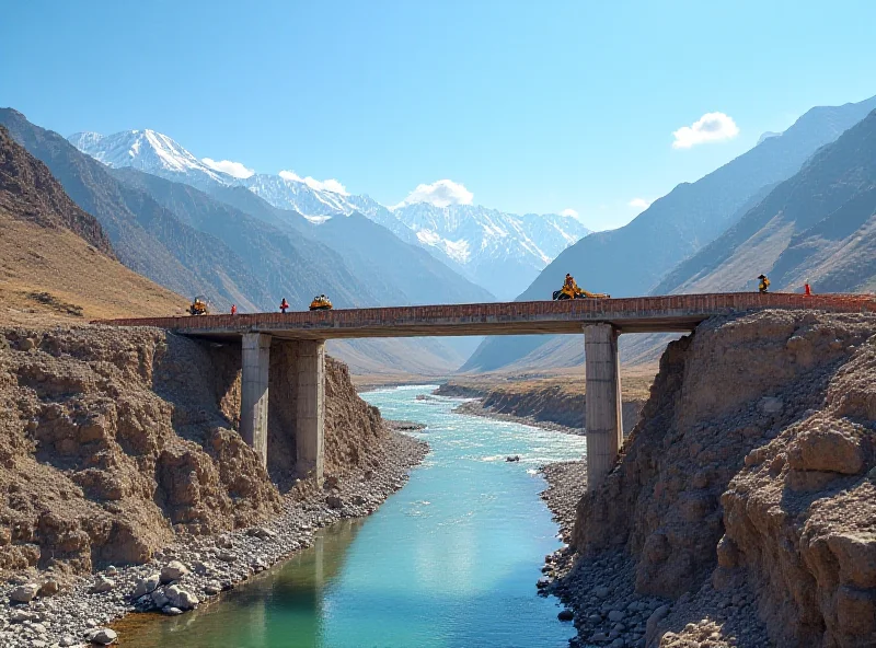 Construction workers building a large bridge in Tajikistan with mountains in the background.