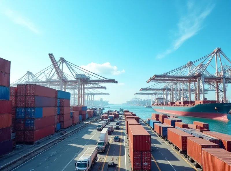 Containers at a busy shipping port, representing global trade