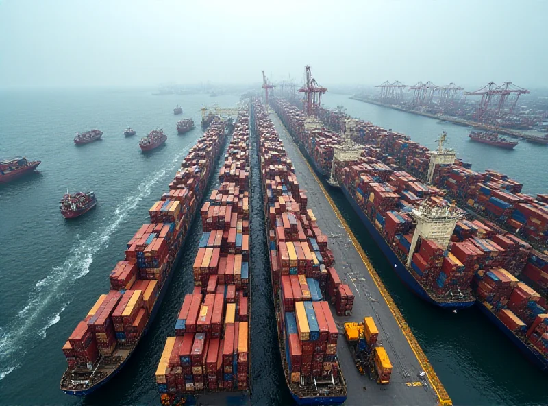 Aerial view of cargo ships at a busy port, representing international trade and potential trade war implications.