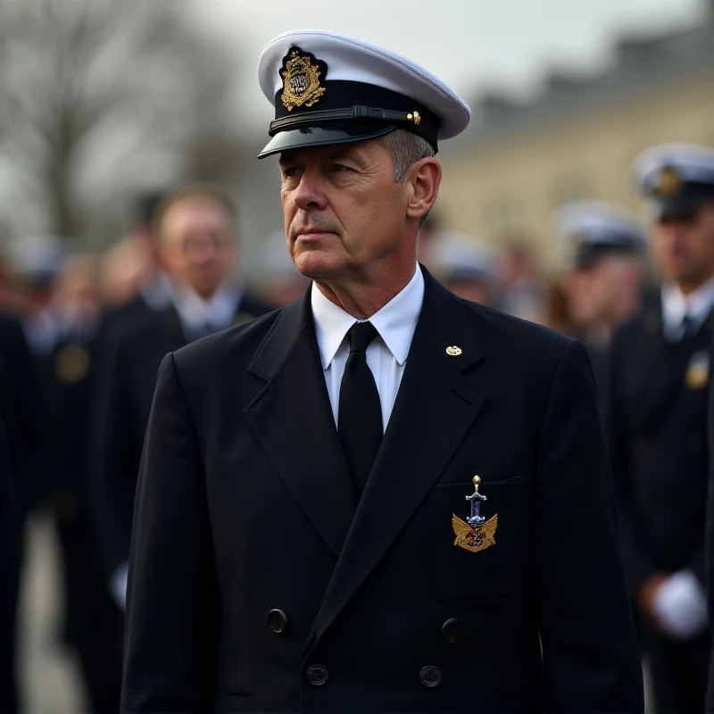 Tim Parlatore in a naval uniform, standing at attention with a determined expression. Pete Hegseth stands slightly behind him, smiling proudly.