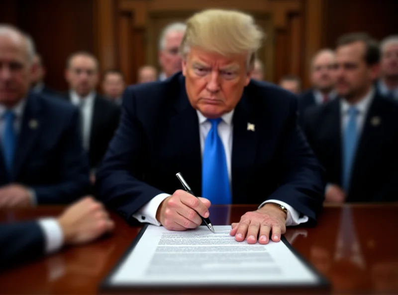 Image of Donald Trump signing a document related to tariffs with advisors around him.