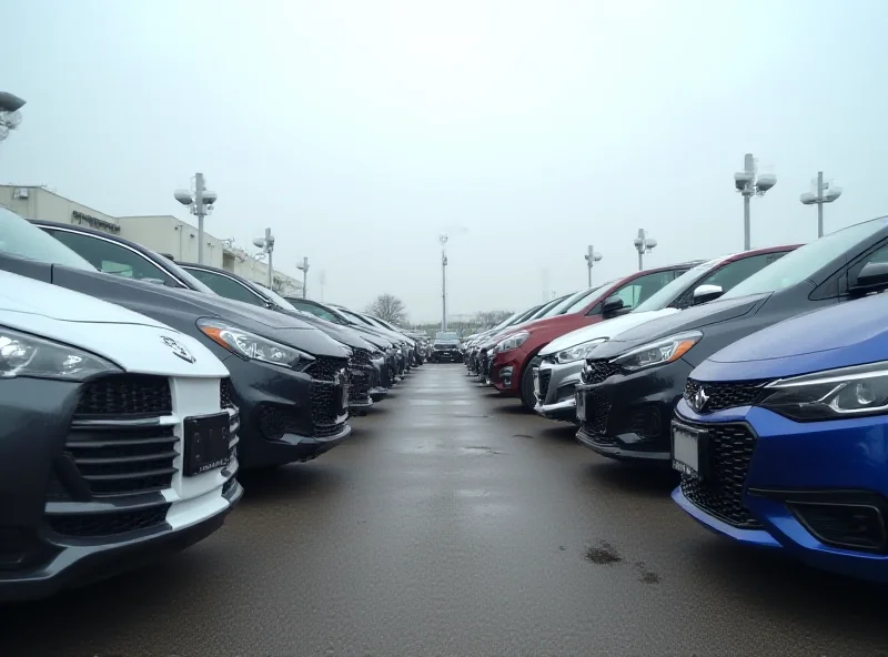 Line of new cars on a lot, awaiting purchase, under a cloudy sky.