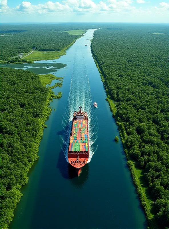 Aerial view of Panama Canal with ships passing through locks, lush green surroundings, sunny day.