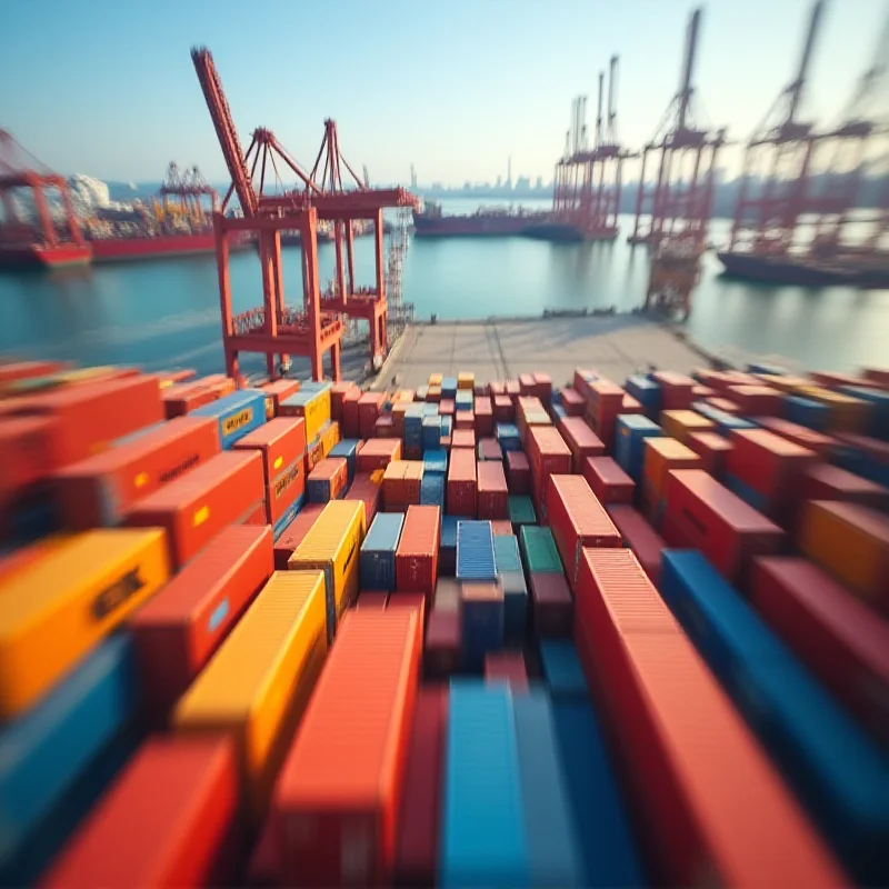 Close-up of shipping containers stacked at a port, with blurred background of cranes and ships, emphasizing global trade.