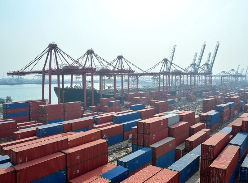 Containers being loaded onto a cargo ship in a busy port with cranes in the background, symbolizing international trade and the movement of goods. The sky is slightly overcast.