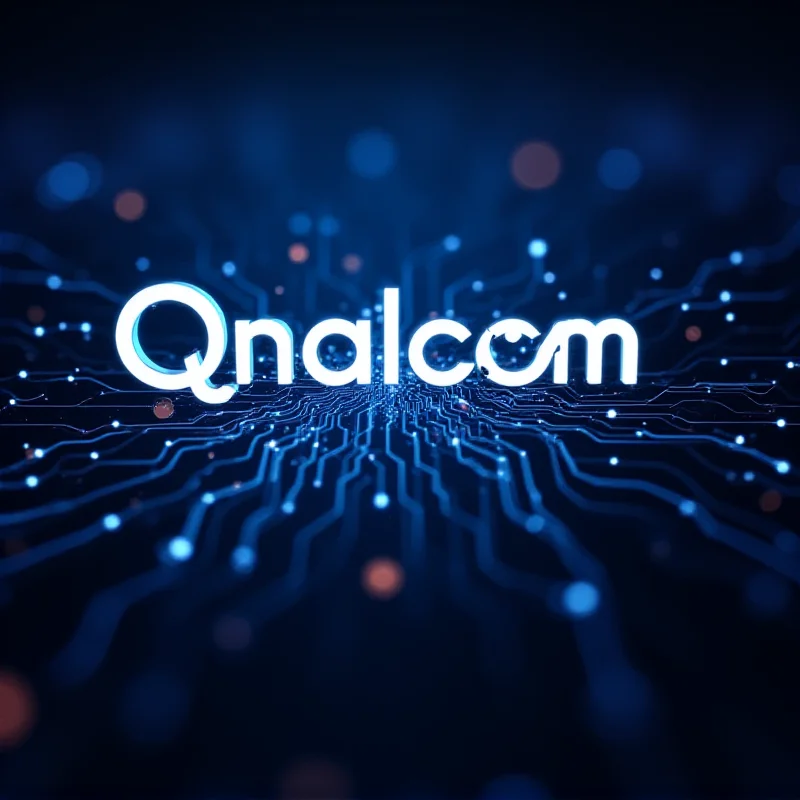 The Qualcomm logo against a backdrop of a circuit board with glowing lines, suggesting technological advancement and global connectivity.