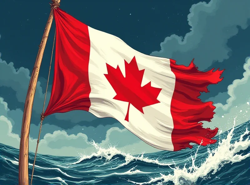 A stylized illustration of a Canadian flag being blown by strong winds, representing trade headwinds.