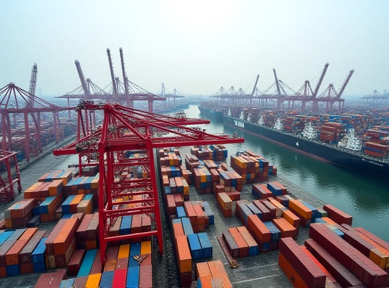 Aerial view of a bustling Chinese port with container ships and cranes.