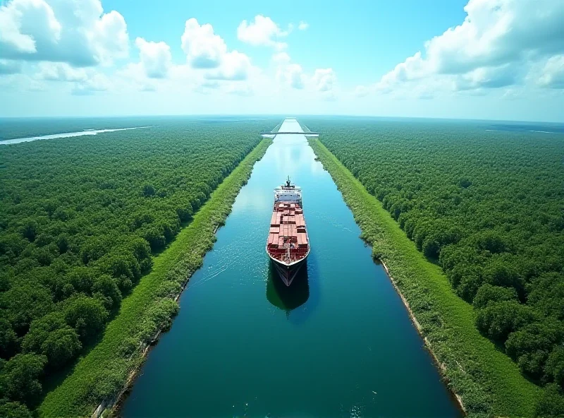 A wide shot of the Panama Canal with ships transiting through the locks.